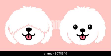 Cute cartoon small fluffy white dog face on pink background. Maltese, Bichon Frise, Coton de Tulear. Funny vector clip art illustration. Stock Vector