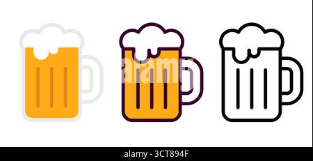 Beer mug symbol set, traditional pub glass. Black and white line icon, color and flat cartoon drawing. Simple vector clip art illustration. Stock Vector