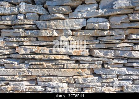 A close-up view of a stacked gray stone wall built from irregularly shaped rocks. Natural texture and rugged craft convey rustic charm, durability, an Stock Photo