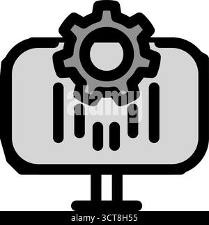This modern icon depicts a gear on a computer screen with data bars- ideal for representing agile methodologies- scrum processes- and project manageme Stock Vector