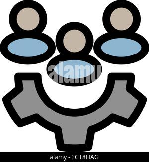 This modern icon depicts three people collaborating around a gear- symbolizing teamwork and agile project management. Perfect for presentations and so Stock Vector