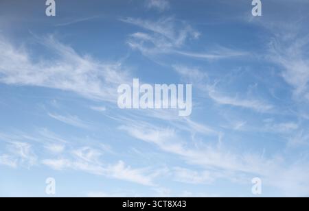 Wispy white clouds streaking across bright blue summer sky in Northumberland Stock Photo