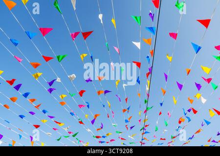 Multi colored party flags against the blue sky Stock Photo