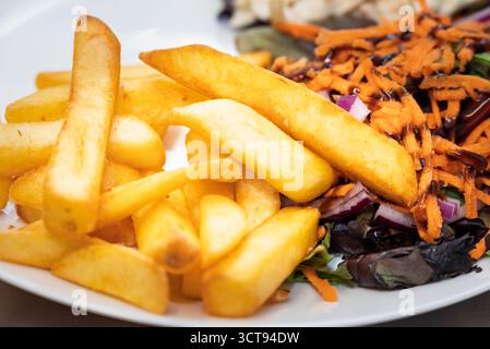 Enjoying a balanced meal: golden fries, crisp salad with shredded carrots, red onion, balsamic glaze, and creamy coleslaw. #food #lunch #delicious Stock Photo