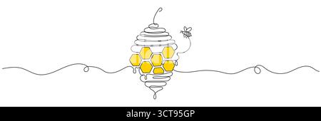 A drawing of a beehive and honeycomb done in one continuous line, editable line. Stock Vector