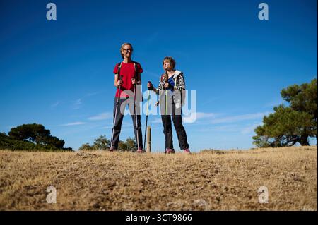 Two friends hike side by side with trekking poles in a dry, open landscape under a bright blue sky, conveying outdoor adventure, fitness, and companio Stock Photo