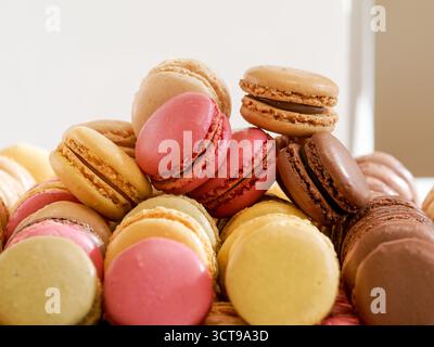 French macarons in pastel colors displayed at wedding reception. Stock Photo