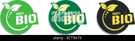100% bio label set with leaf in different color variations Stock Vector