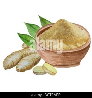 Watercolor illustration of spice ginger, half, leaves and slices. Hand-drawn illustration isolated on white background. Ginger root for food design Stock Photo