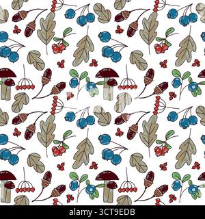 Seamless vector pattern of autumn leaves, rowan berries, mushrooms and blueberries. All objects are hand-drawn in vector. The illustration is suitable Stock Vector