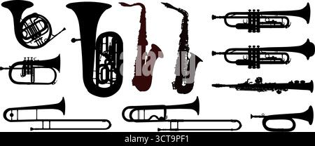 set of instruments silhouette, trumpet, horn, French horn, tuba, saxophone, Stock Vector