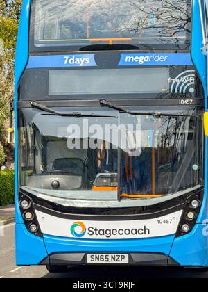 Dartmouth, Devon, England, UK - 24 April 2025: Front view of a double decker bus operated by Stagecoach at a bus stop in Dartmouth town Stock Photo
