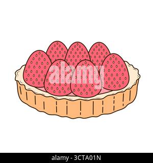 Shortcrust pastry tartlet with whipped cream, decorated with strawberries. Vector illustration in flat, cartoon style. Tasty and sweet tartlet Stock Vector