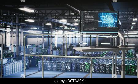 PC monitor on data center industrial platform displaying hardware status for AI training workflows. Workstation screen tracking servers processing machine learning datasets in industrial environment Stock Photo