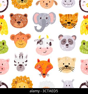 Animal faces seamless pattern. Animals children crayon drawing style, funny cow monkey bear panda pig frog. Kids print for fabric wrapping, neoteric v Stock Vector