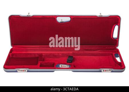 Open blue hard case with a plush red velvet interior, compartments, and combination locks, isolated on white. Stock Photo