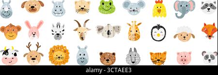 Hand drawn crayon faces. Funny animals children drawing style. Isolated panda raccoon deer wolf bear frog cat koala. Kids animal neoteric vector clipa Stock Vector