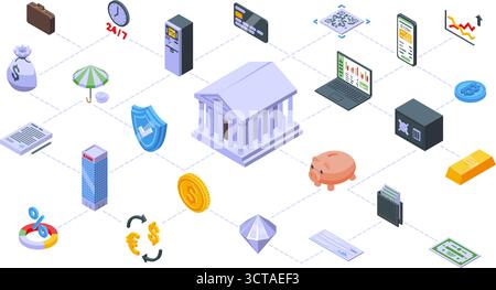 Isometric banking elements. Atm, money, gold bar and piggy bank. Financial institute and technology. Accounting, finance icons nifty vector set origin Stock Vector