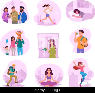 Lifestyle. Sleeping daily time entertainment sport for health care daily walking exact vector illustrations set original artwork Stock Vector