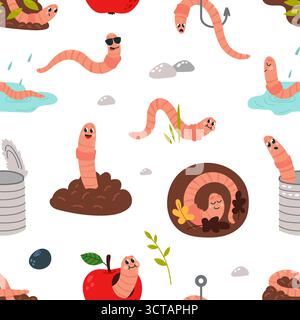 Cartoon worms in waste seamless pattern. Worm in ground, in red apple, earthworm in puddle. Print for fabric, wallpaper, wrapping, vector background o Stock Vector