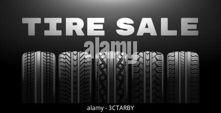 Tire sale. Realistic tires black friday offer banner, car service wheel different tyre discount price auto shop promo advertising dark background 3d p Stock Vector