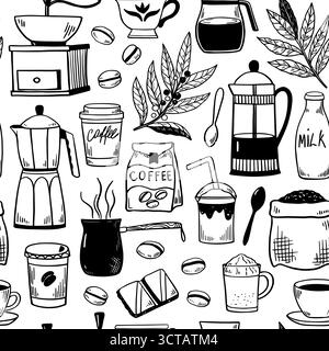 Seamless pattern with coffee pots, coffee cups, grinder and percolator. Black and white vector illustration for menu, packaging. Stock Vector