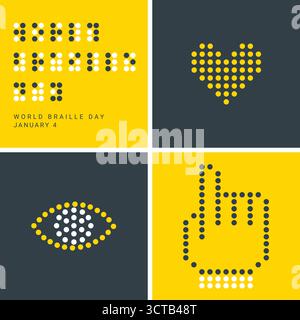 Minimalist vector illustration of Braille alphabet with text translation World Braille Day. Abstract Braille dots arranged in shape of heart, eye and Stock Vector