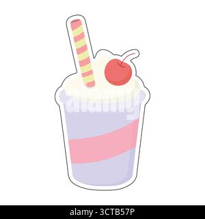 Stylized milkshake in purple cup with whipped topping, cherry, and striped straw. Perfect for cafe menus, summer graphics, dessert stickers, or sweet- Stock Vector
