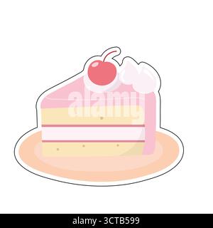 Colorful cake slice with pink frosting, whipped cream, and cherry. Ideal for bakery ads, birthday graphics, food stickers, or festive design elements. Stock Vector
