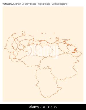 Vector illustration of Venezuela's plain country map, featuring high detail and an outline regions style, clearly showing the shape of Venezuela. Stock Vector