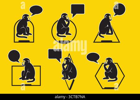 Creative black silhouette illustration of a monkey thinking pose. Great for educational, playful, or creative concept designs Stock Vector