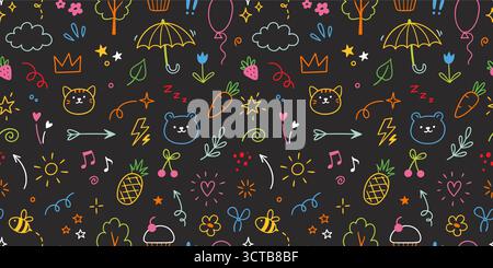 Icon cute line pattern. Seamless background with cartoon children, baby animals, stars, flowers and hearts elements. Hand drawn sketch style children seamless pattern. Vector illustration Stock Vector