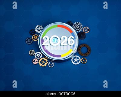 AI technology innovation 2026 concept with colorful digital circle and gear mechanism on blue background. Symbol of artificial intelligence, machine l Stock Photo