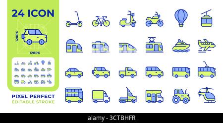Vehicles pixel perfect line color icons set Stock Vector