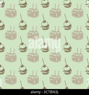 Seamless pattern with cakes and desserts on green background Stock Vector