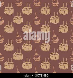 Seamless pattern with chocolate cakes and cupcakes on brown background Stock Vector