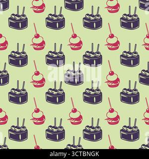 Seamless pattern with cakes and desserts on green background Stock Vector