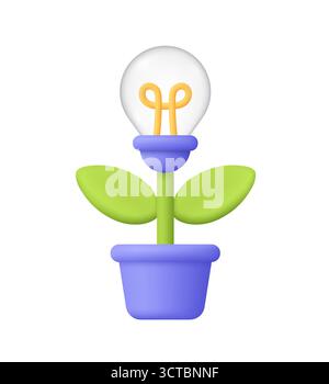 Light bulb growing like plant in a flower pot with green leaves. Eco friendly, renewable green energy, creativity, ecology and creative business conce Stock Vector