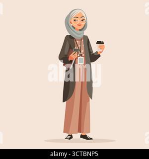 Muslim businesswoman coffee break modern lifestyle holding cup smartphone notebook wearing hijab office badge casual outfit beige background Stock Vector