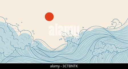 Japanese background with blue sea pattern. Vector illustration of ocean waves and red sun on white backdrop, oriental line art wallpaper with foamy water splashes, abstract banner with doodle ornament Stock Vector