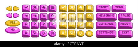 Pixel game buttons kit isolated on white. Vector illustration of old software ui design elements, pink and yellow set of arrows, square round controllers with icons, menu bars, retro user interface Stock Vector