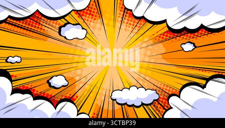 Comic superhero background with motion effect and clouds. Vector cartoon illustration of empty speech bubbles on orange backdrop, super power speed lines, anime style frame, retro manga book design Stock Vector