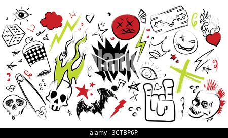 Alternative punk rock doodle elements with skulls and flames, bat and graffiti spray, rebellious icons for underground art or band graphics. Grunge symbols for tattoos or street culture designs. Stock Vector