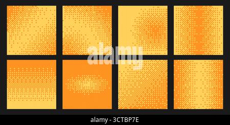 Orange halftone backgrounds with pixel dots creating gradient transitions and smooth gradation effects for modern design. Yellow squares patterns. Geometric digital textures with bitmap elements. Stock Vector