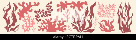Marine coral and seaweed organic silhouettes with flowing underwater plants and branching formations in pink and red colors. Aquatic vegetation of kelp fronds, reef structures and sea grass. Stock Vector
