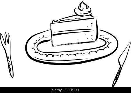 Piece of cake on a decorative plate with dessert fork and knife. Whimsical quick sketch vector line art. Hand-drawn romantic illustration. Perfect for Stock Vector