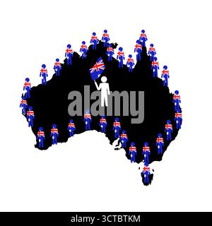 australia map with civilians on border and a human holding flag in the middle Stock Vector