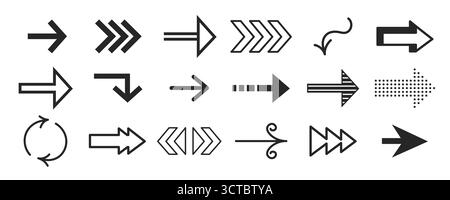 Directional narrow set with chevrons, curved pointers and geometric indicators in black style. Arrows with dots, striped patterns and circular navigation elements for interface design applications. Stock Vector