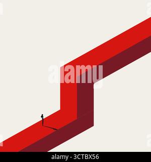 Minimalist vector illustration of a business challenge, obstacle, or the need to take a huge step forward. A tiny silhouette faces a steep, bold red z Stock Vector