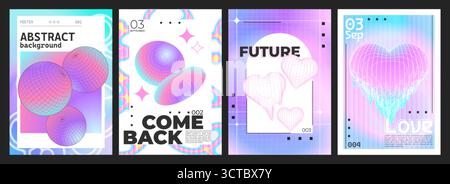 Abstract y2k poster designs with gradient spheres, wireframe hearts and holographic elements for retro futuristic layouts. Pink, blue and purple backgrounds with geometric shapes and grid patterns Stock Vector